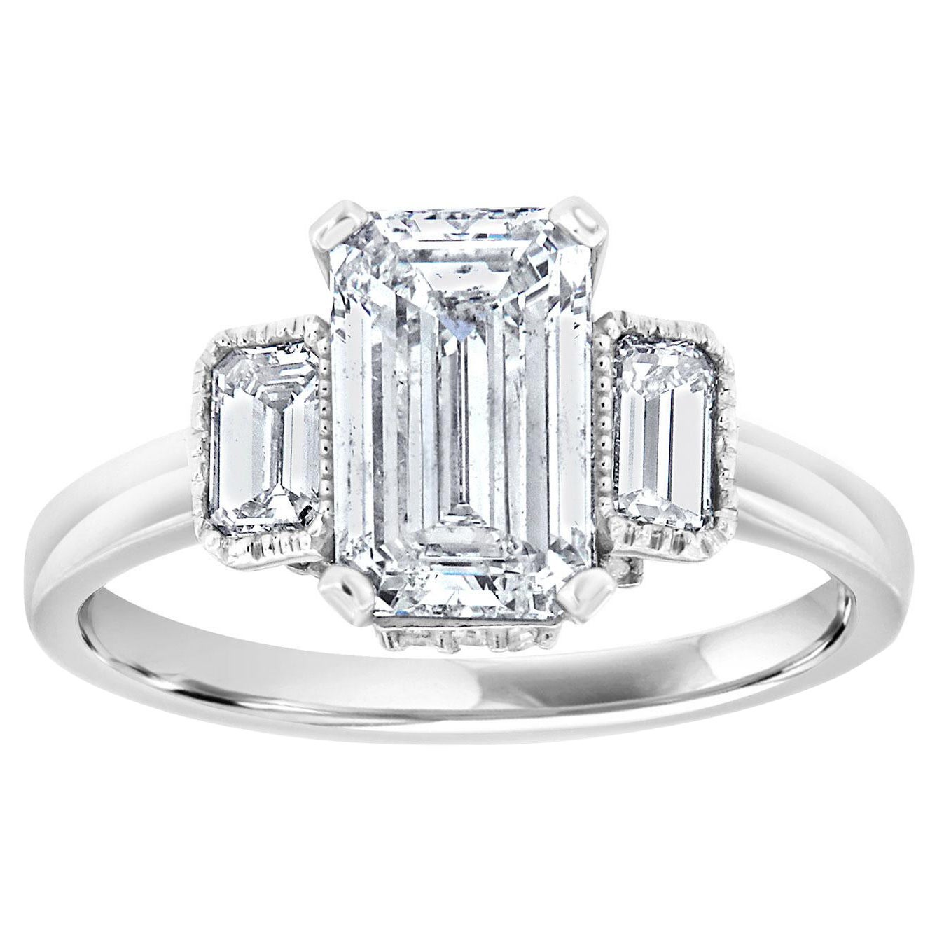 GIA Certified 1.63 Carat Emerald Cut Three Stone 14K White Gold Diamond Ring