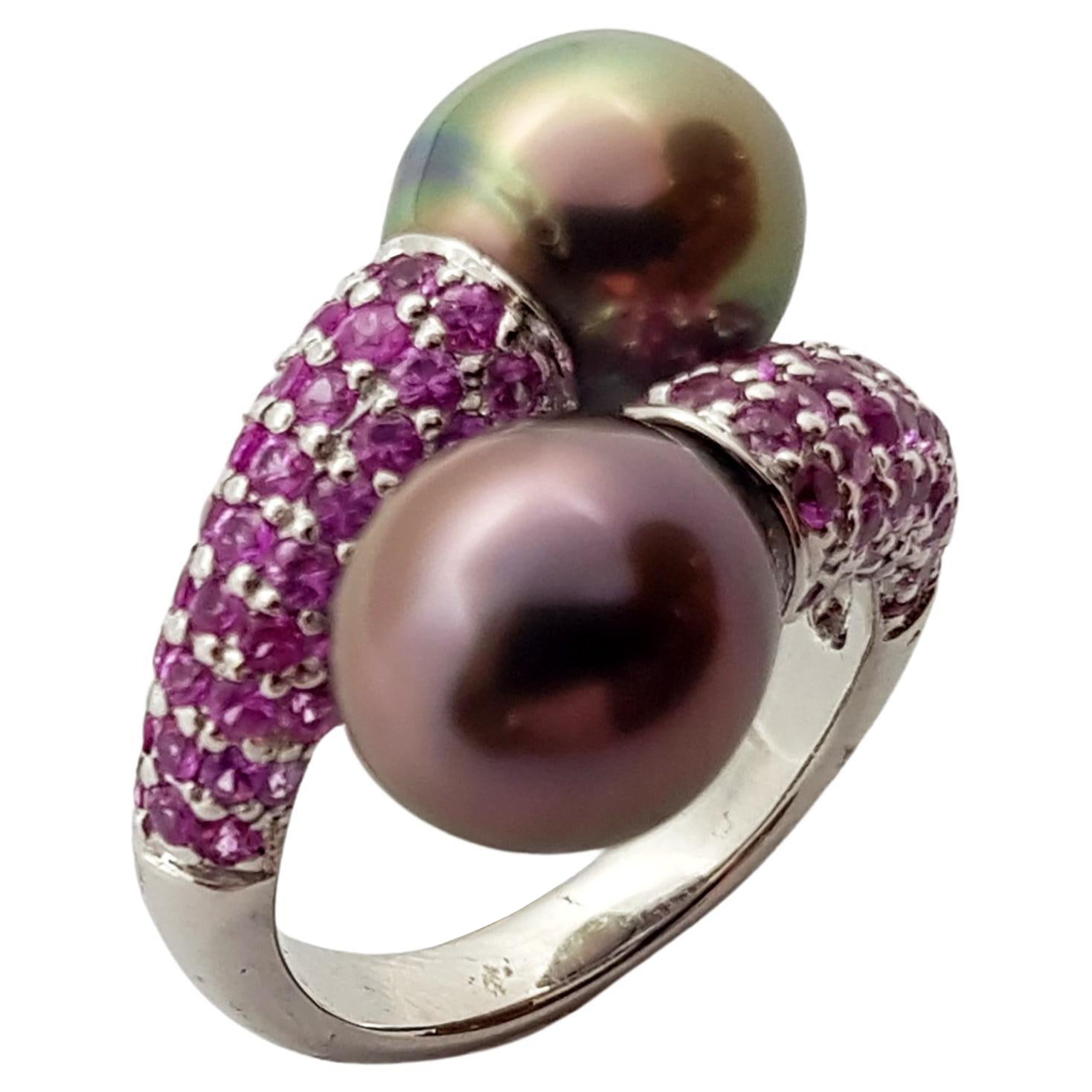 South Sea Pearl with Pink Sapphire Ring Set in 18 Karat White Gold Settings For Sale