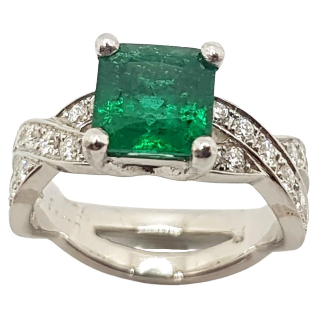 Emerald with Diamond Ring Set in Platinum 950 Settings