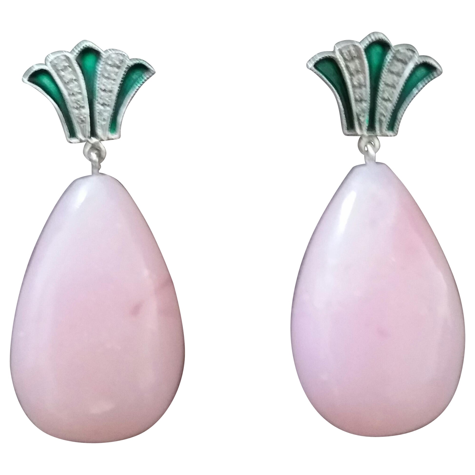 Art Deco Style Gold Round Drops Pink Opal Diamonds Green Enamel Dangle Earrings