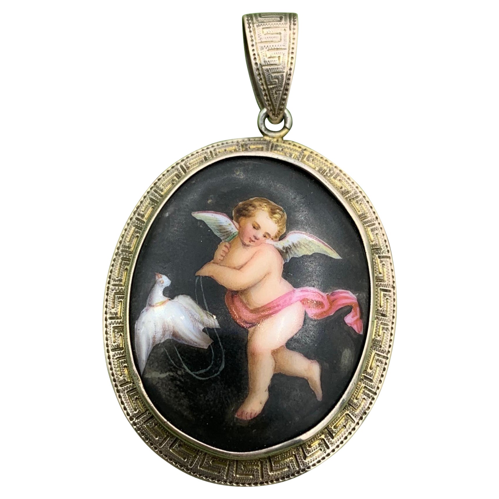Victorian Cherub Angel Cupid Dove Bird Gold Pendant Necklace Hand Painted For Sale