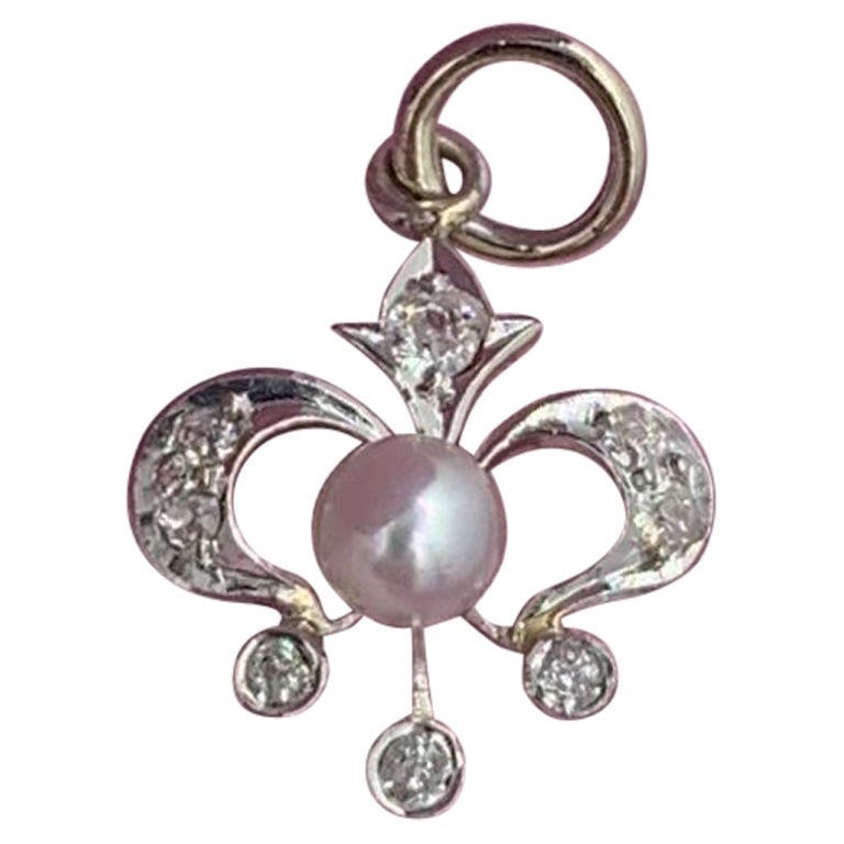 Antique Old Mine Diamond Platinum Pearl Pendant Charm Necklace Edwardian For Sale