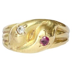 18 Karat Gold Schlangenring mit Rubin und Diamant im Art-déco-Stil