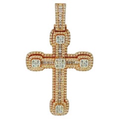 Pendentif croix en or rose 14 carats avec diamants baguettes et ronds de 5,00 carats