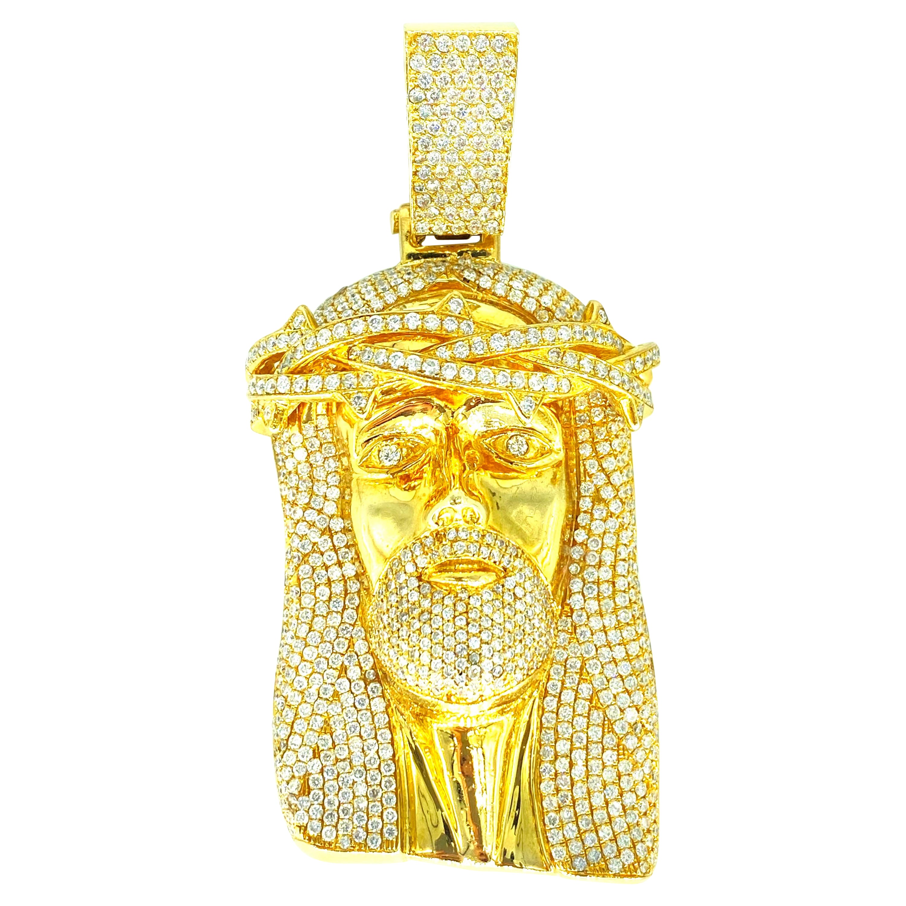 Jesus Face 23.80 Carat Diamonds Pendant Heavy Tall Solid Gold For Sale