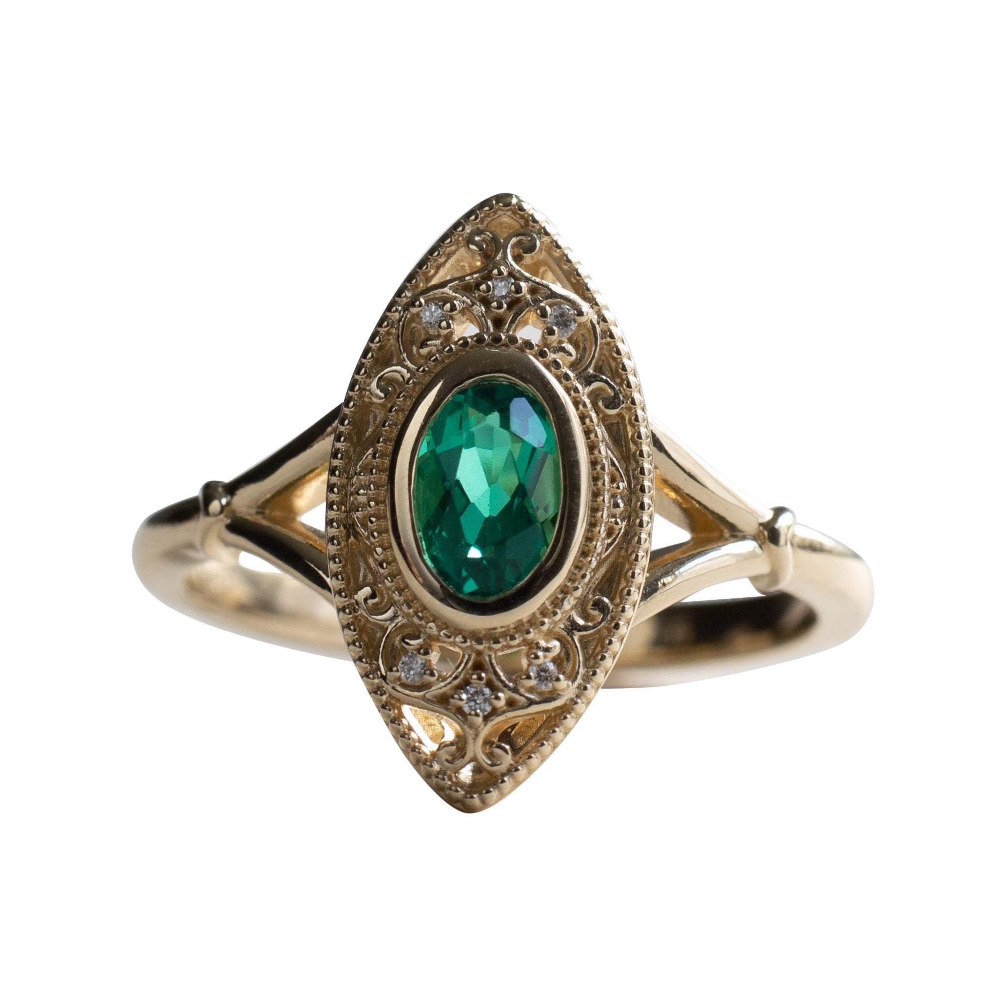 14k Emerald Gold Ring, Oval Emerald Ring For Sale