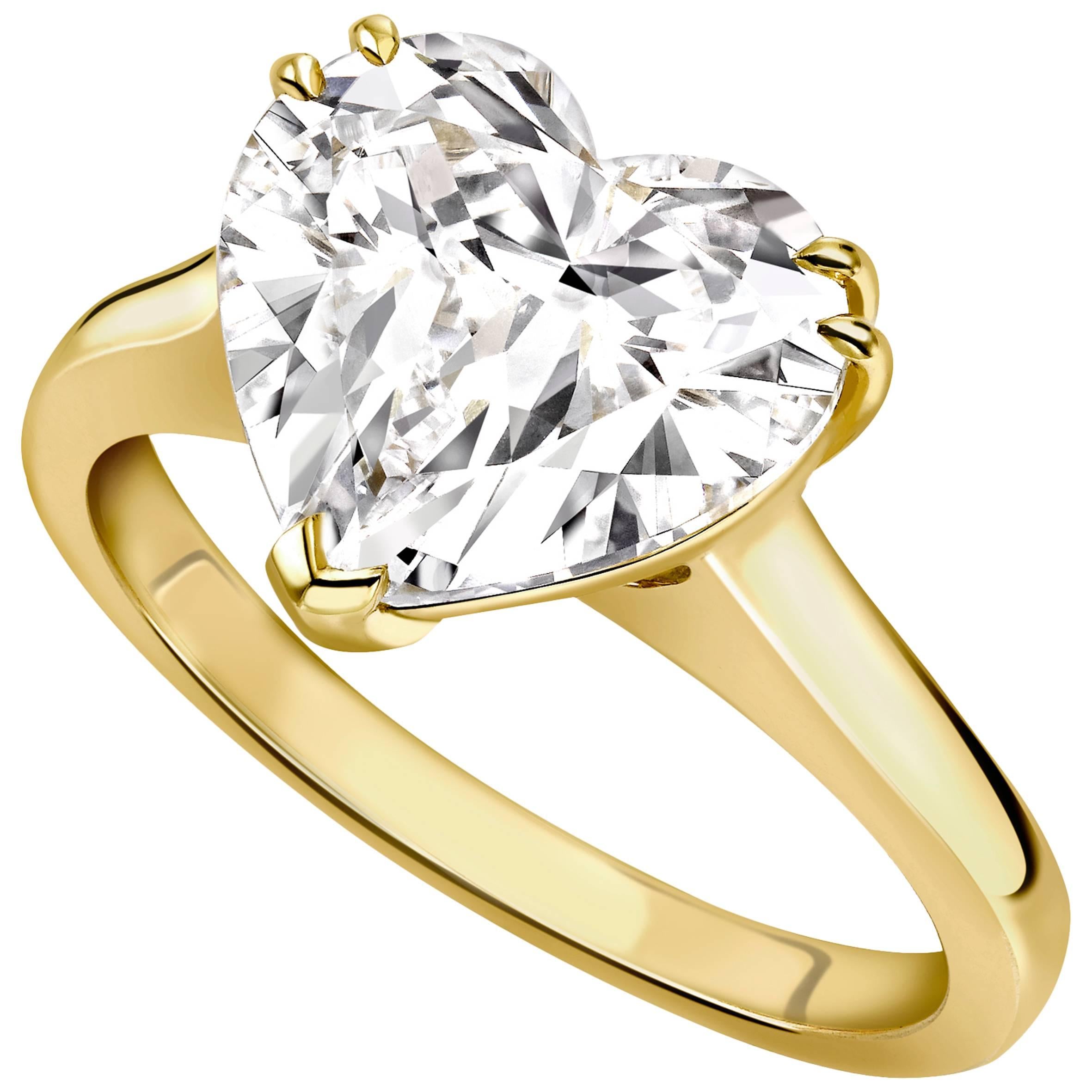 Ana De Costa Yellow Gold 3 Carat Gia Certified Heart White Diamond Ring For Sale