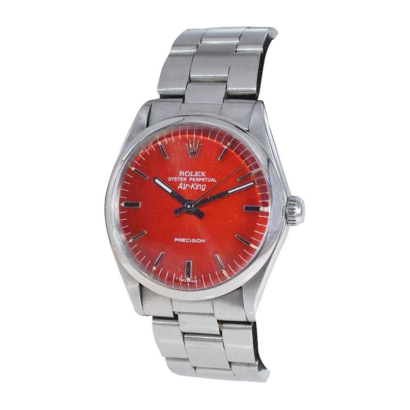 Rolex Steel Air King with a Custom Red Dial and Original Oyster Bracelet Mid 60s For Sale