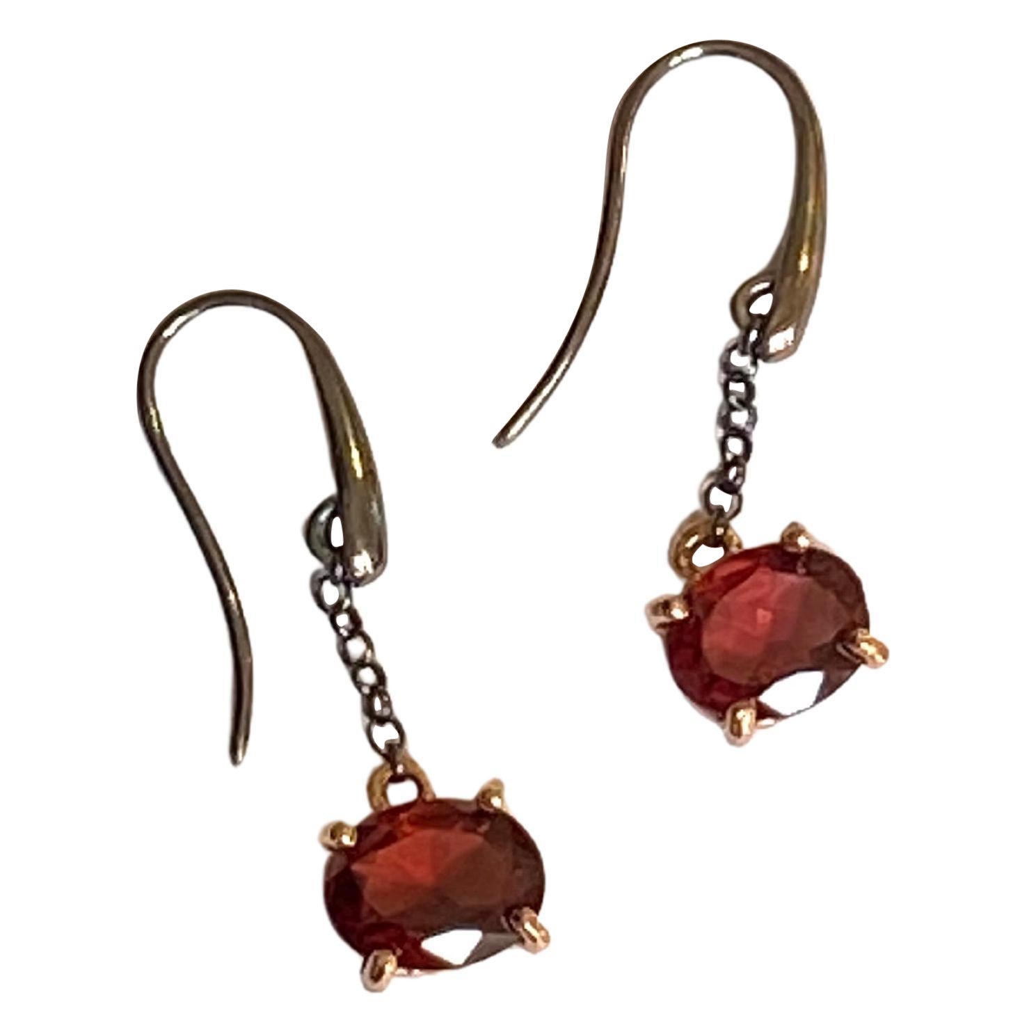 Burnished Sterling Silver Rose Gold Garnet Lever-Back Dangle Earrings For Sale