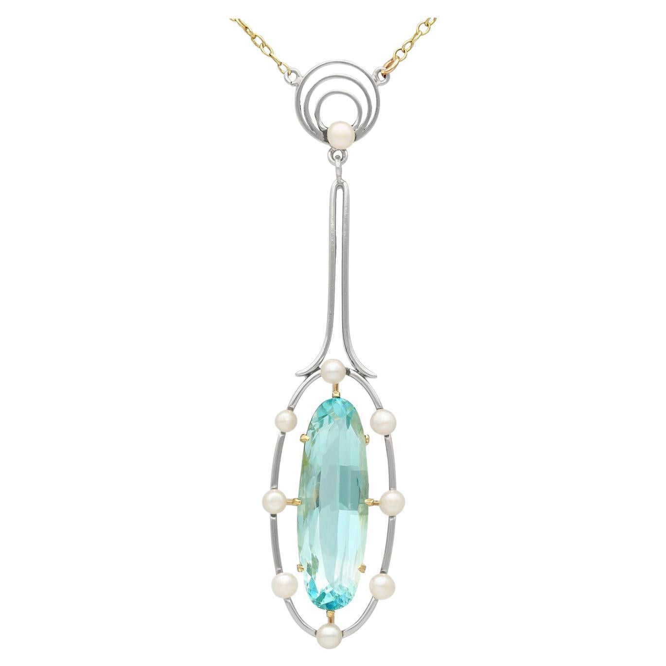 Antique 3.20 Carat Aquamarine and Pearl Yellow Gold Pendant
