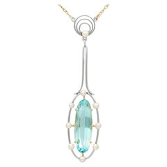 Antique 3.20 Carat Aquamarine and Pearl Yellow Gold Pendant