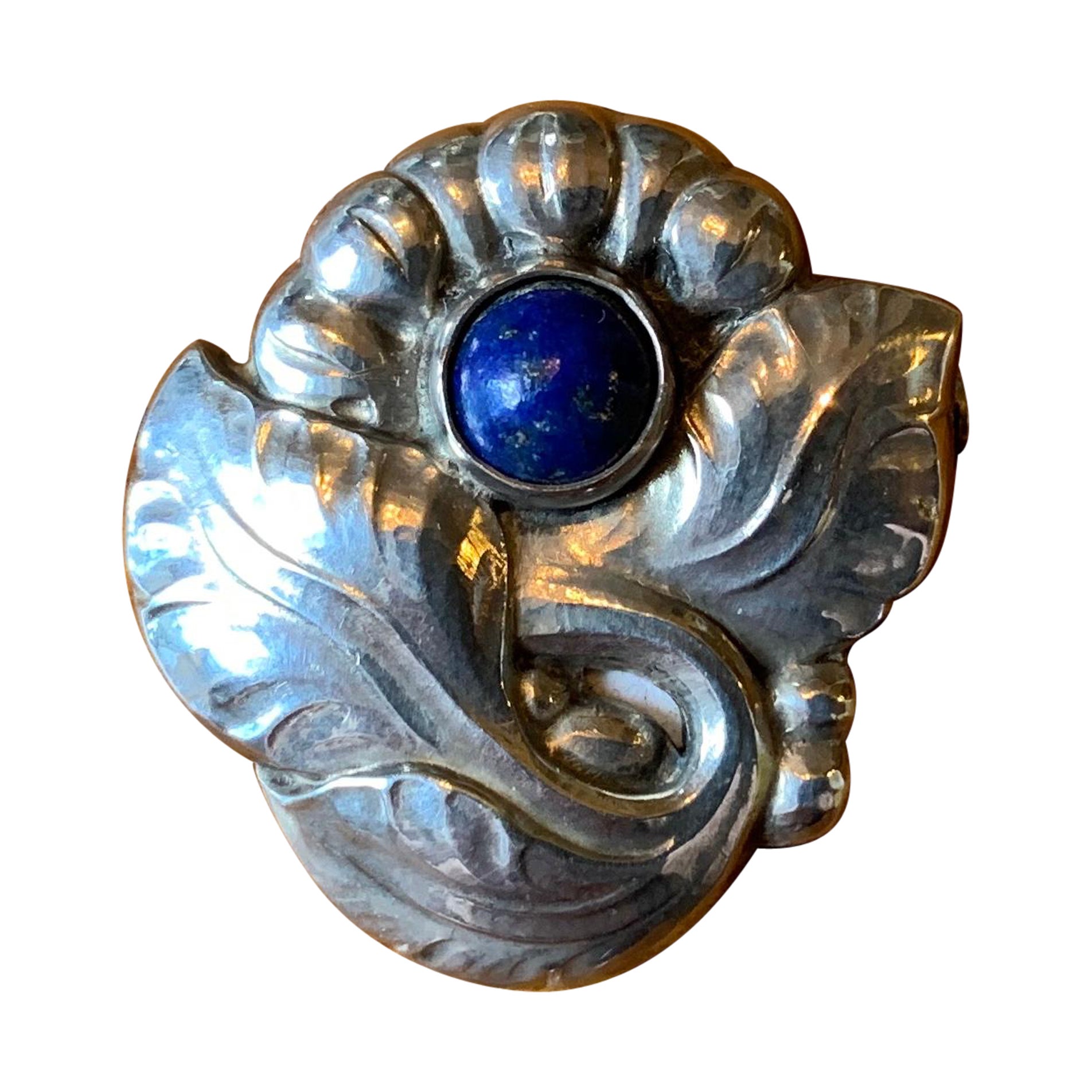 Early Georg Jensen Lapis Lazuli Flower Brooch Pin 71 Denmark 1933-1944 Sterling For Sale