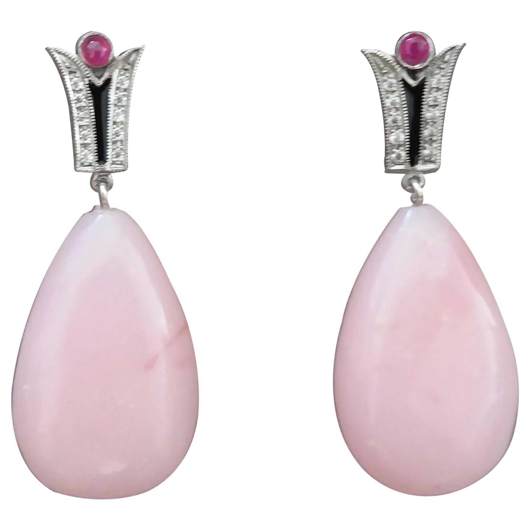 Art Deco Style Diamonds 14k Gold Black Enamel Rubies Pink Opal Drop Earrings For Sale