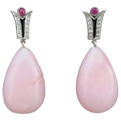 Art Deco Style Diamonds 14k Gold Black Enamel Rubies Pink Opal Drop Earrings