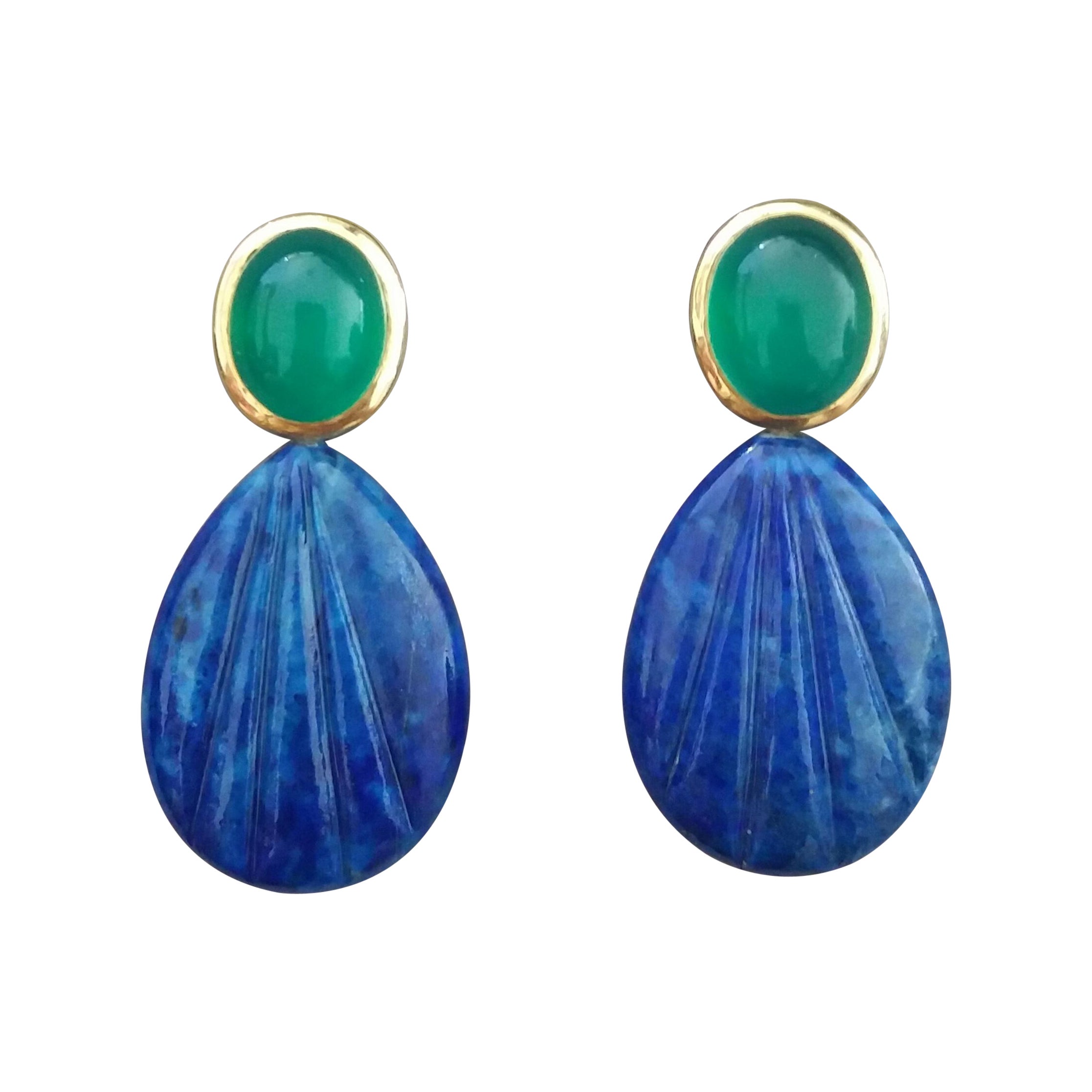 Green Onyx Oval Cabs Gold Engraved Pear Shape Lapis Lazuli Stud Earrings For Sale