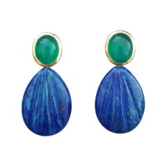 Green Onyx Oval Cabs Gold Engraved Pear Shape Lapis Lazuli Stud Earrings