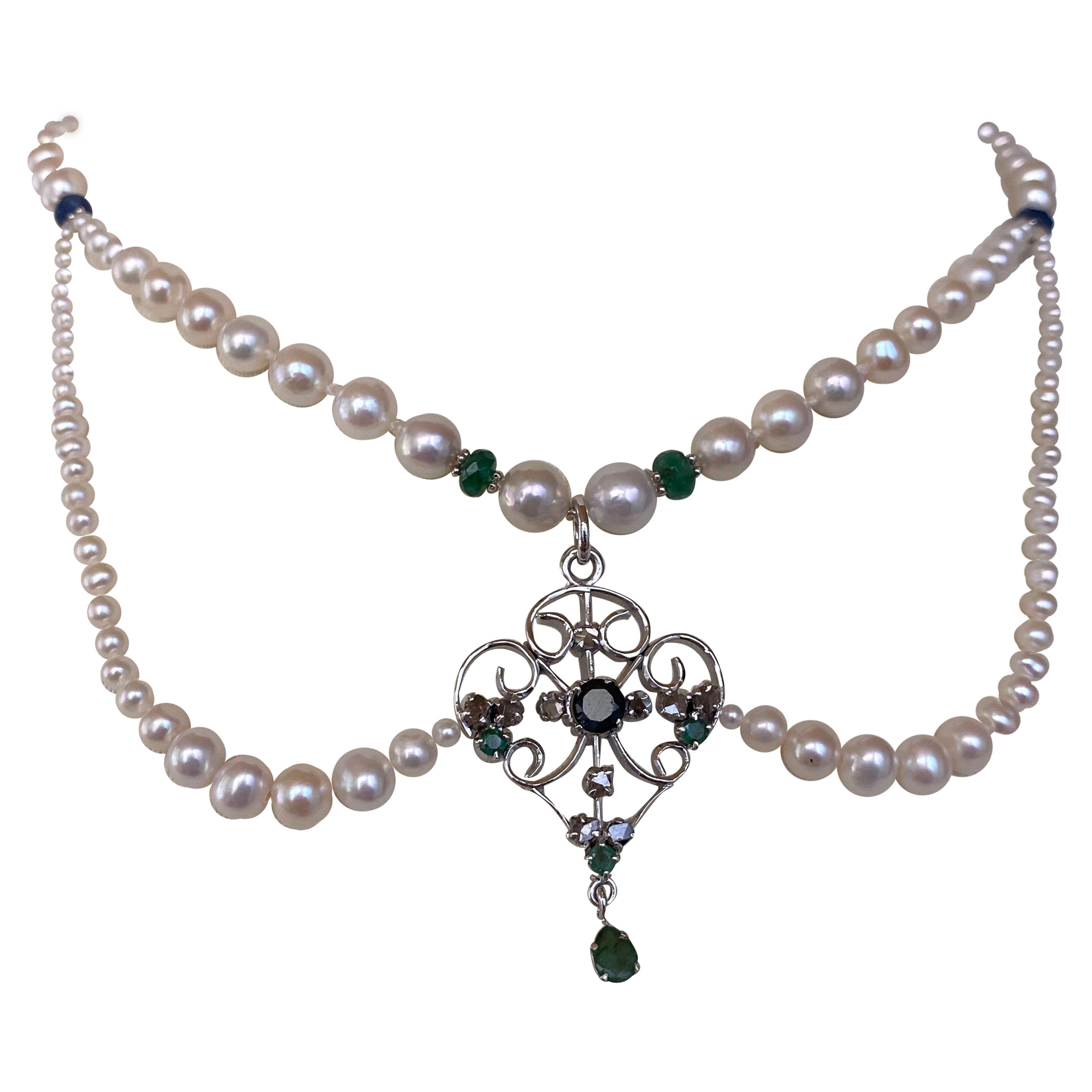 Marina J Pearl Necklace with Emerald, Sapphire & Diamonds, Vintage Centerpiece For Sale