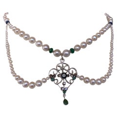 Marina J Pearl Necklace with Emerald, Sapphire & Diamonds, Vintage Centerpiece