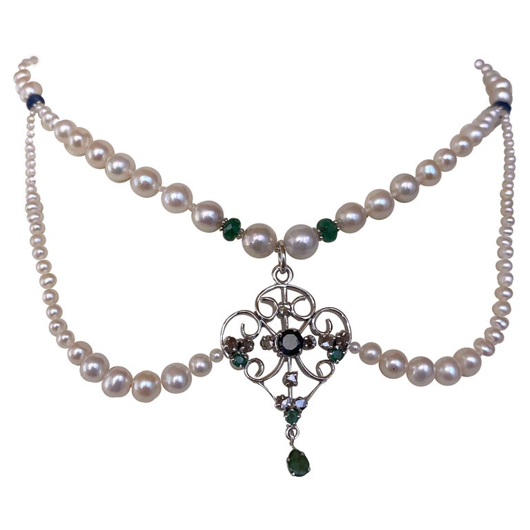 Marina J Pearl Necklace with Emerald, Sapphire and Diamonds, Vintage