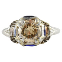 Used Art Deco Champagne Diamond and Blue Sapphire Ring 