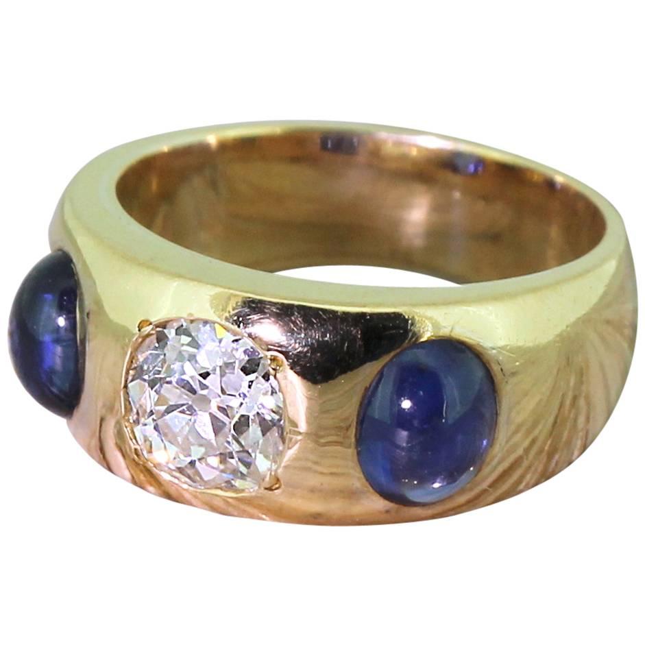 Victorian 0.90 Carat Old Cut Diamond Cabochon Sapphire Gold Gypsy Ring For Sale