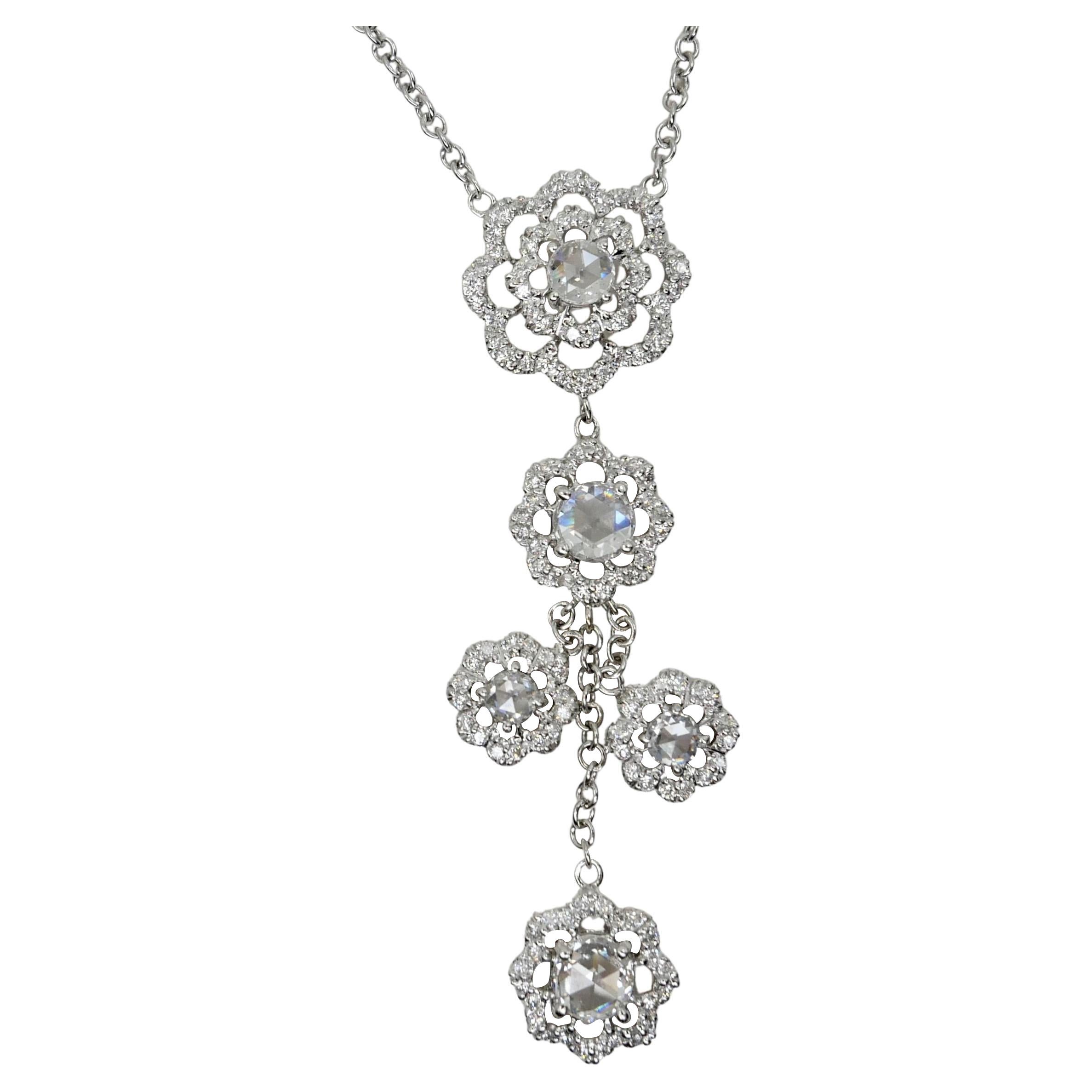 18K White Gold New Rose Cut Diamonds Flower Motif Drop Pendant Necklace For Sale