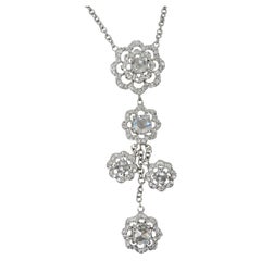 18K White Gold New Rose Cut Diamonds Flower Motif Drop Pendant Necklace