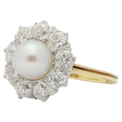 Antique 18 Karat Yellow & White Gold, Diamond & Pearl Posy Ring