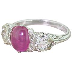 Art Deco 1.53 Carat Ruby Old Cut Diamond Gold Trilogy Ring