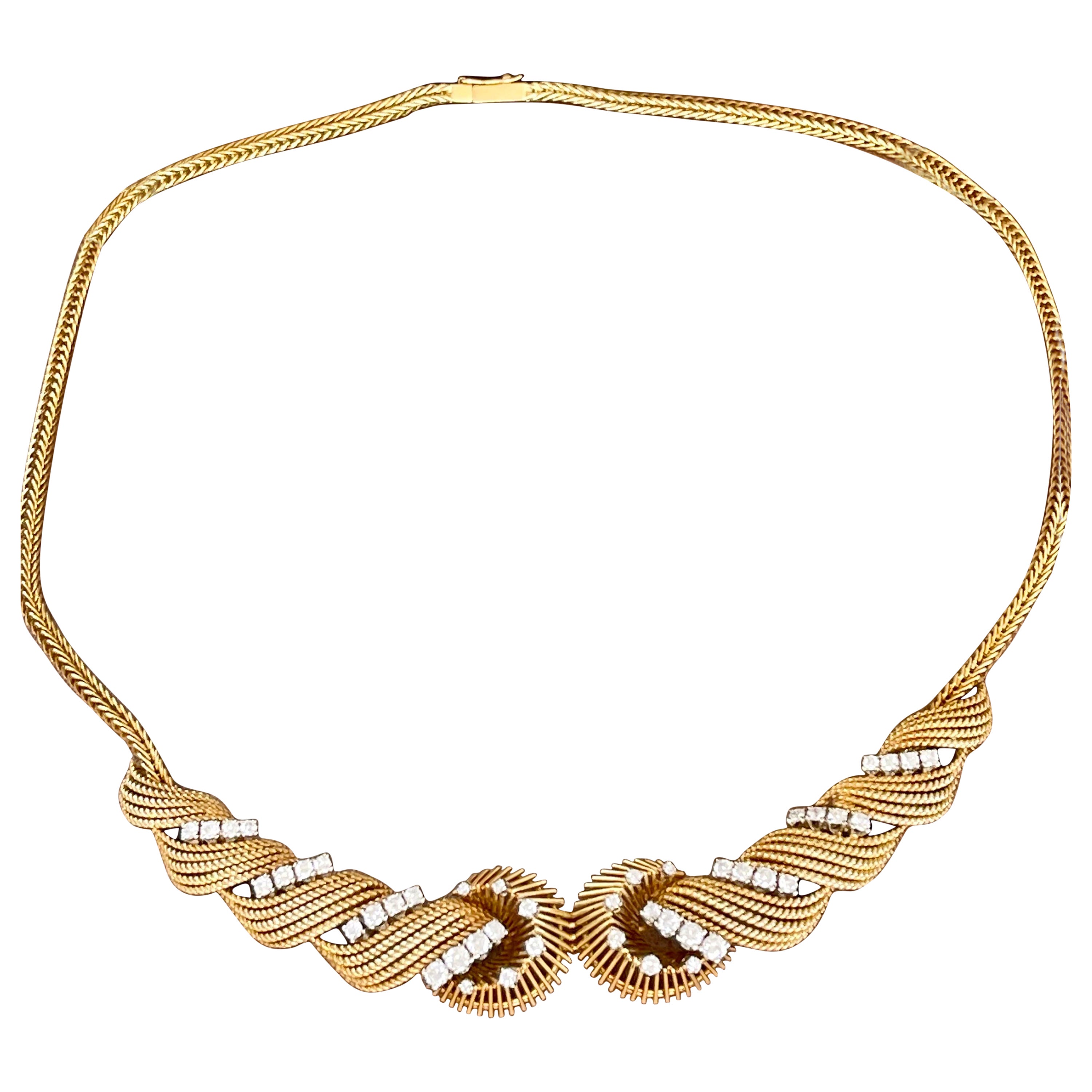 Vintage 1950s 18 K Yellow Gold Twist Wire Diamond Necklace Bucherer Switzerland For Sale