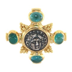 Elizabeth Gage Ancient Coin and Aquamarine Cabochon Brooch in 18K with Box