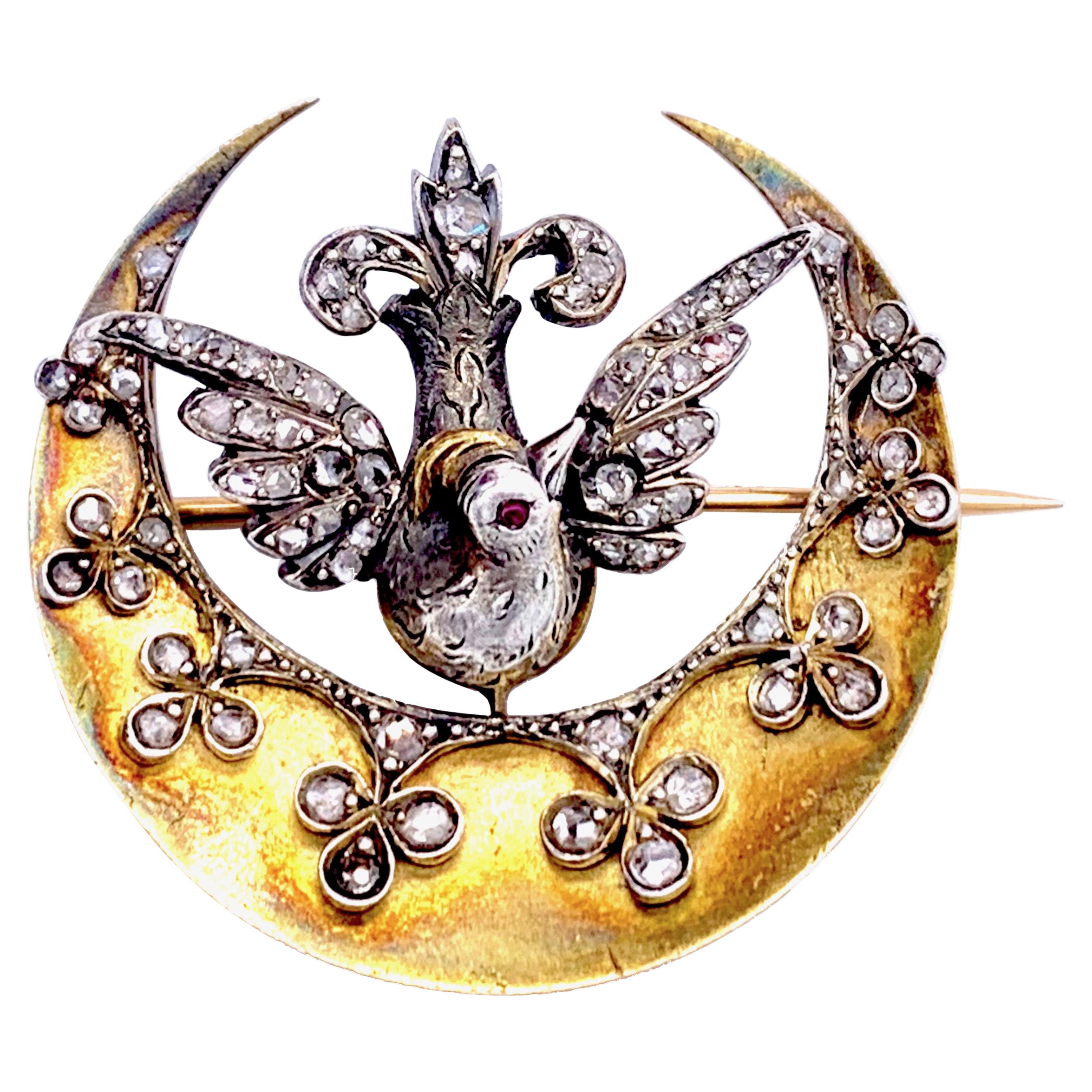 Belle Époque Bird of Paradise Crescent Trefoil Diamond Silver Gold Brooch