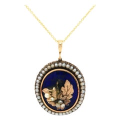Vintage Blue Enamel and Seeded Pearl Flower Pendant Necklace in 14K Yellow Gold