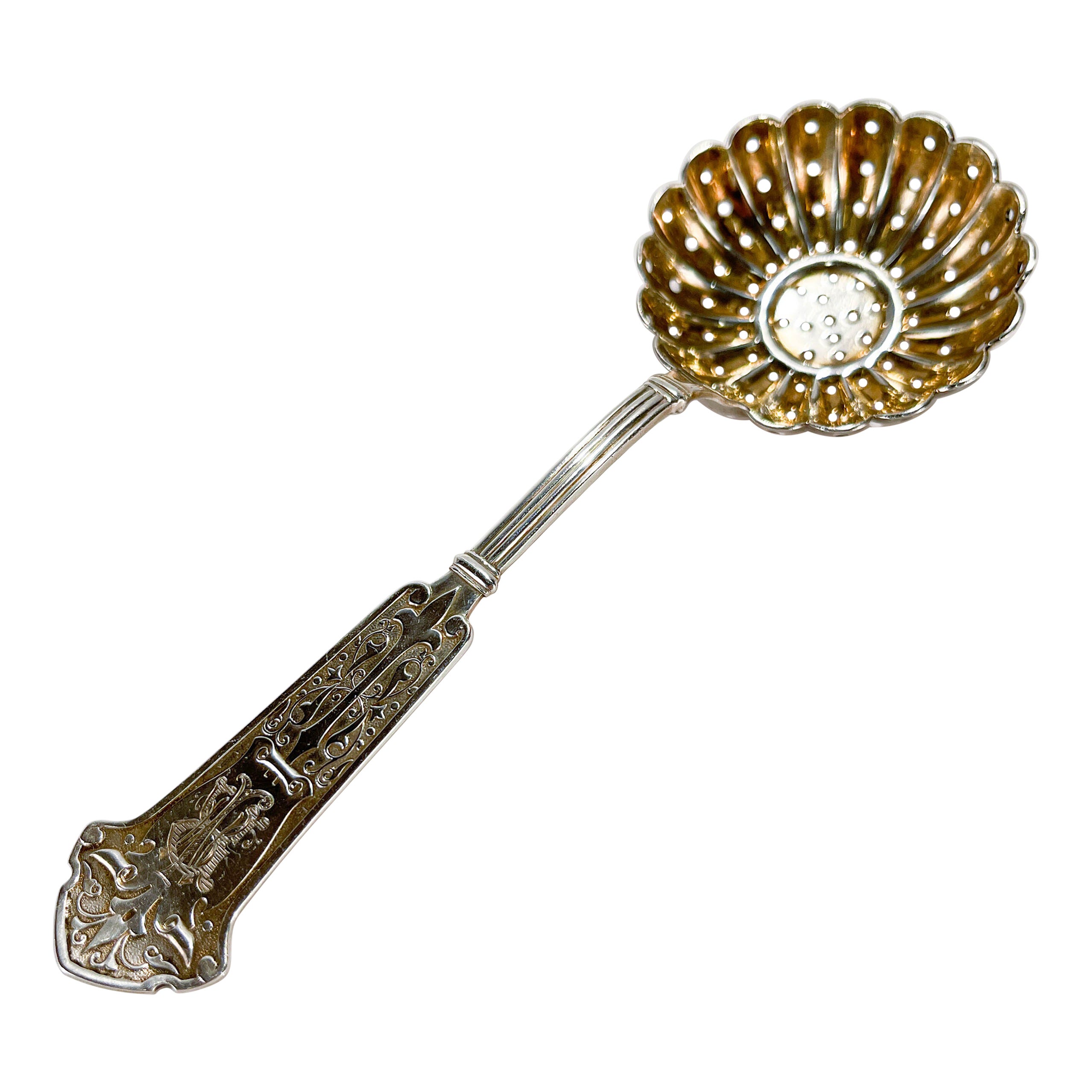 Antique George Sharp Arabesque Pattern Sterling Silver Sugar Sifter For Sale