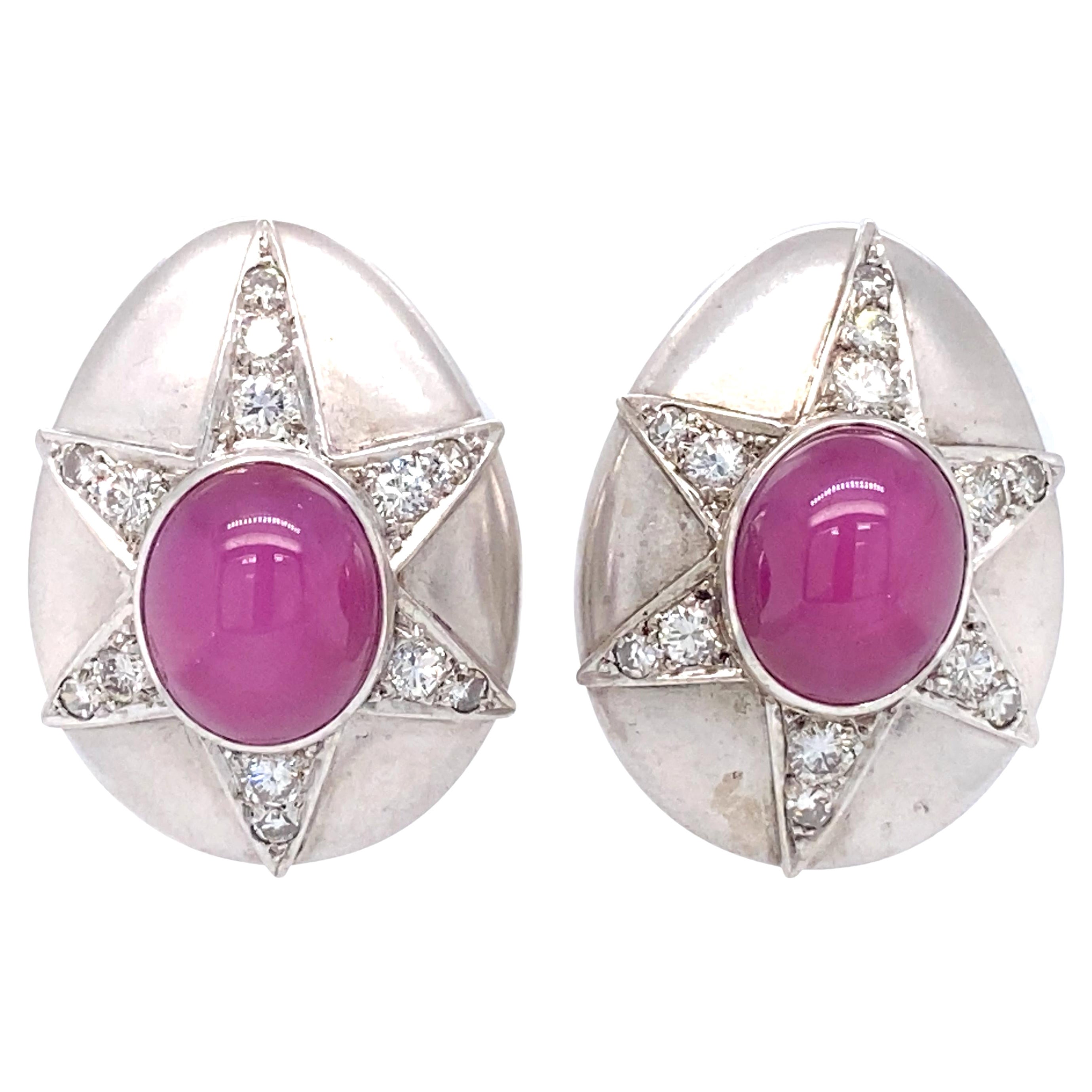 1950s Star Ruby and Diamond Clip-on Earrings in 14K White Gold and Platinum For Sale
