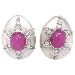 1950s Star Ruby and Diamond Clip-on Earrings in 14K White Gold and Platinum