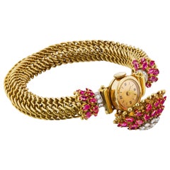 Vintage French Ruby and Diamond Covered Watch Bracelet 18K Gold and Platinum