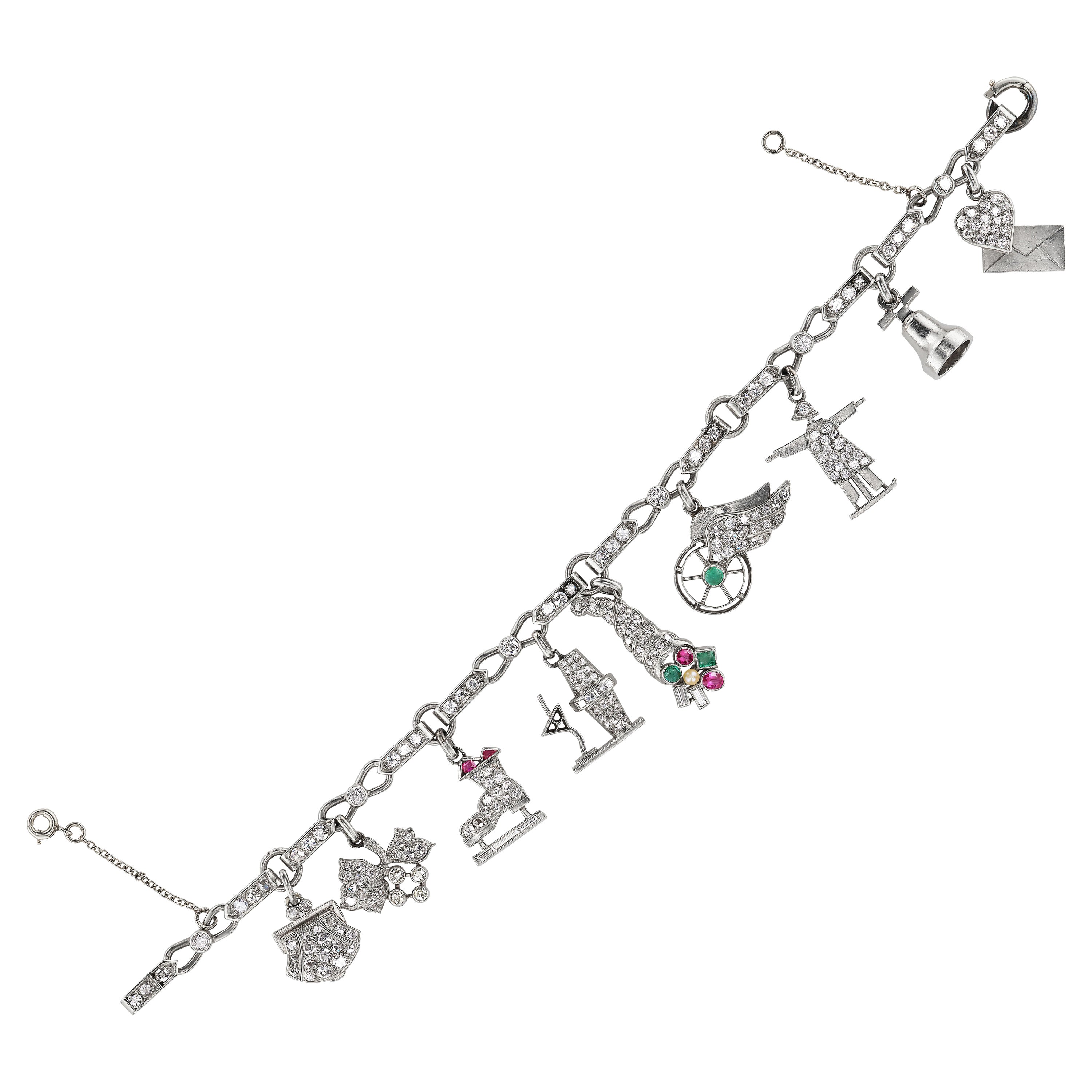 Platin Holiday Charm-Armband, Vintage, Diamant, Rubin und Smaragd 