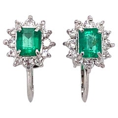 Retro 1950s Emerald and Diamond French Screw Back Earrings in Platinum