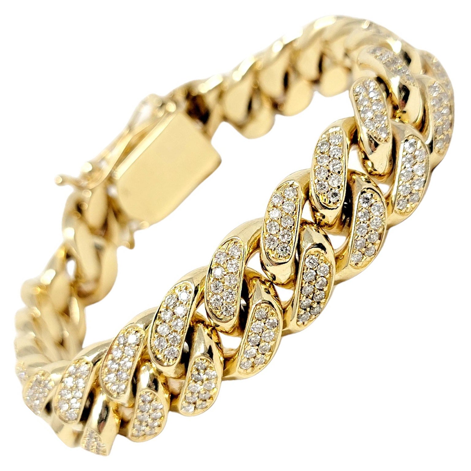 Men's Diamond and 10 Karat Yellow Gold Polished Cuban Link Bracelet 10.15 Carats
