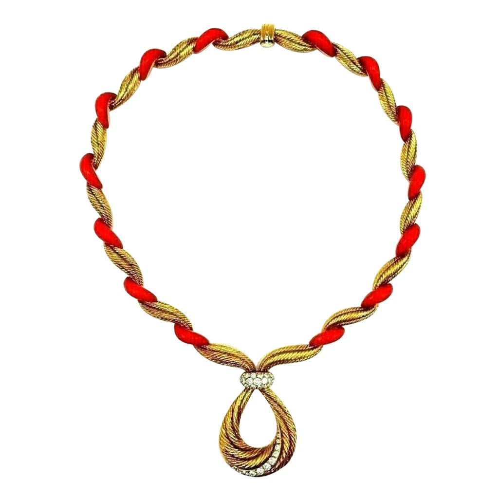 Vintage French Necklace Yellow Gold Diamond Coral Choker