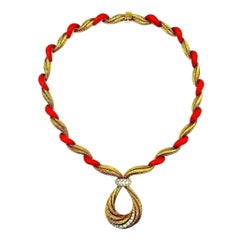 Vintage French Necklace Yellow Gold Diamond Coral Choker