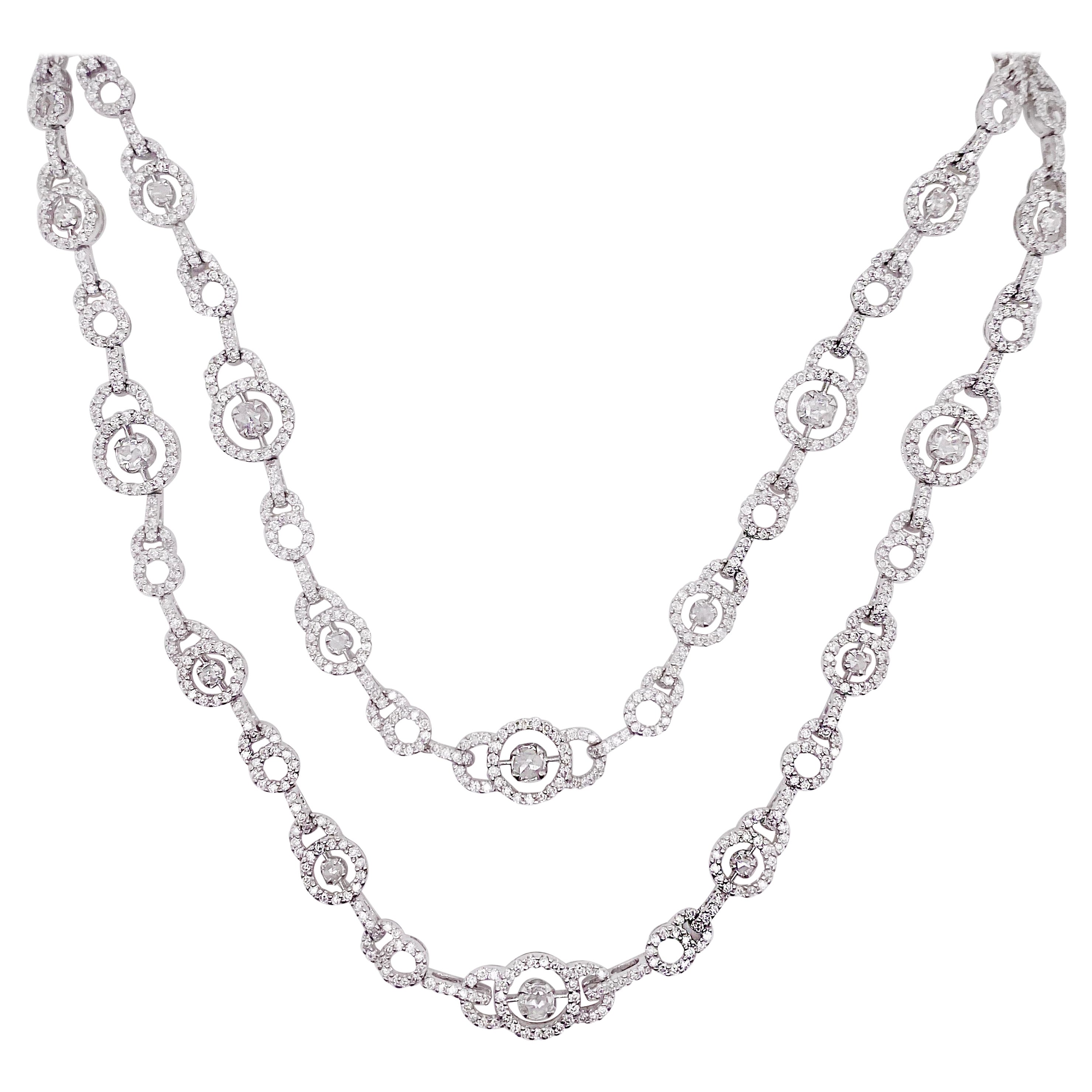 10 Carat Necklace Diamond Double Strand Necklace, White Gold, 884 Diamonds