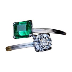 Vintage Emerald Diamond White Gold Bypass Engagement Ring