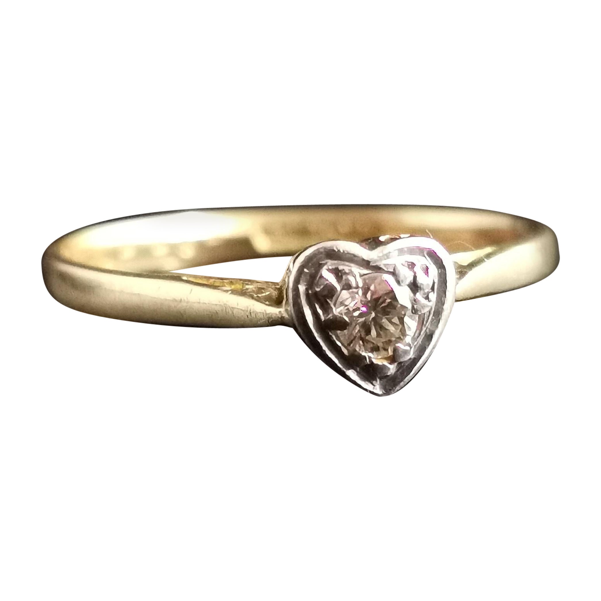 Vintage Diamond Heart Ring, 18 Karat Yellow Gold and Platinum For Sale