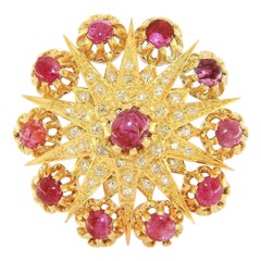 8.00ctw Ruby and 1.00ctw Diamond Starburst Brooch in 18K Yellow Gold