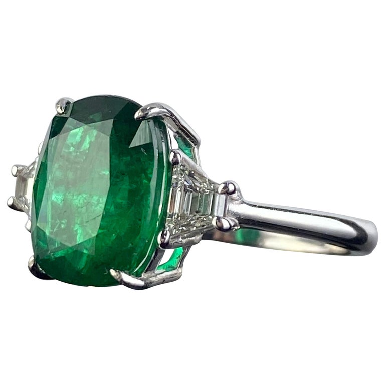 4.25 Carat Emerald and Diamond Three-Stone Engagement Ring For Sale