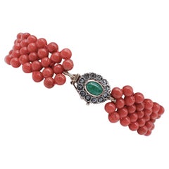 Coral, Emerald, Diamonds, 14 Karat Rose Gold and Silver Bracelet