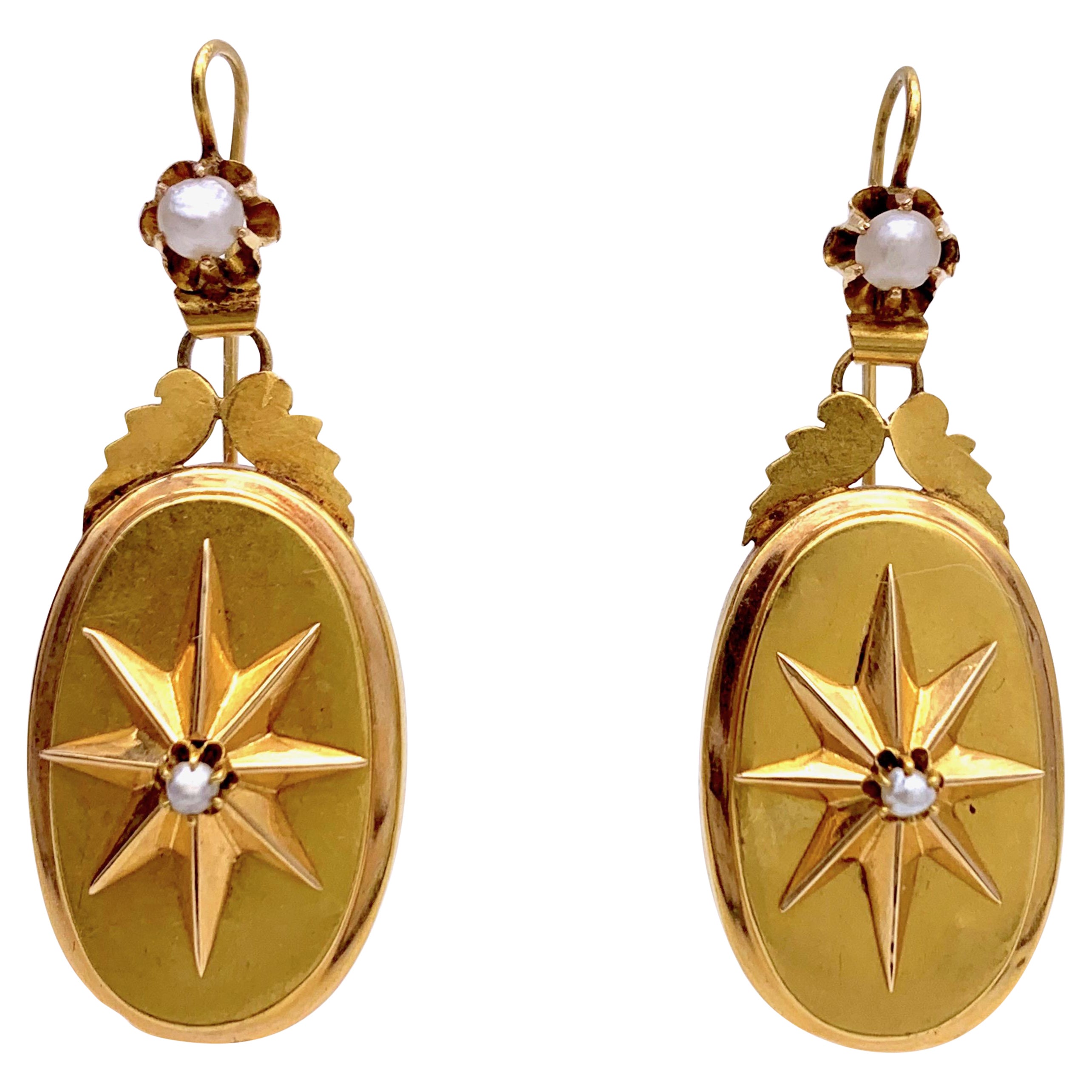 Pendants d'oreilles pendants victoriens anciens en or 15 carats avec étoiles en perles naturelles 