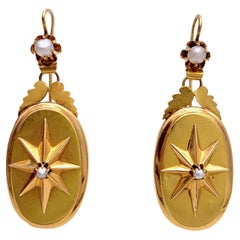 Antique Victorian Drop Dangle Earrings 15 Karat Gold Stars Natural Pearl 
